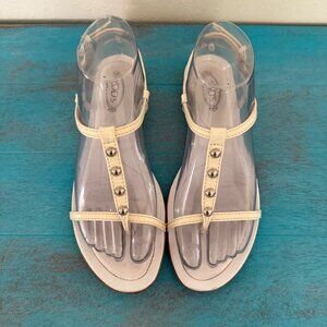 Tod's White Leather T-Strap Sandals With Stud Accents Size 7.5